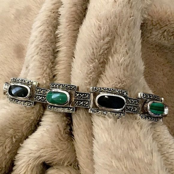Art Deco Onyx Marcasite Malachite Sterling Silver Bracelet - Picture 1 of 13
